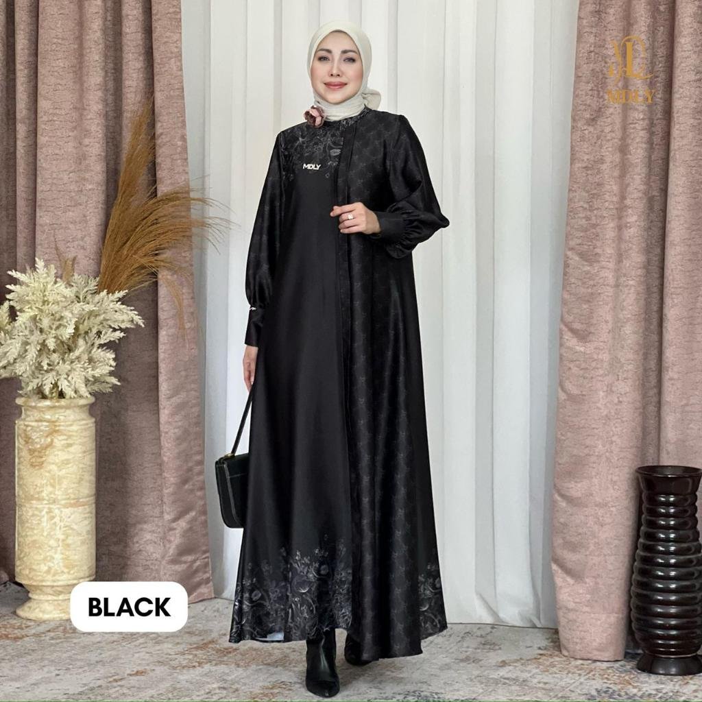 Lady Marvella Dress & Fleur Delux Dress By MDLY - Dress Wanita Mewah Elegan Murah Terbaru Bahan Silky Luxe Premium Motif Gamis Murah Kekinian Gamis Lebaran Terbaru Dress Kondangan mdly Terbaru Ori Black Fleur
