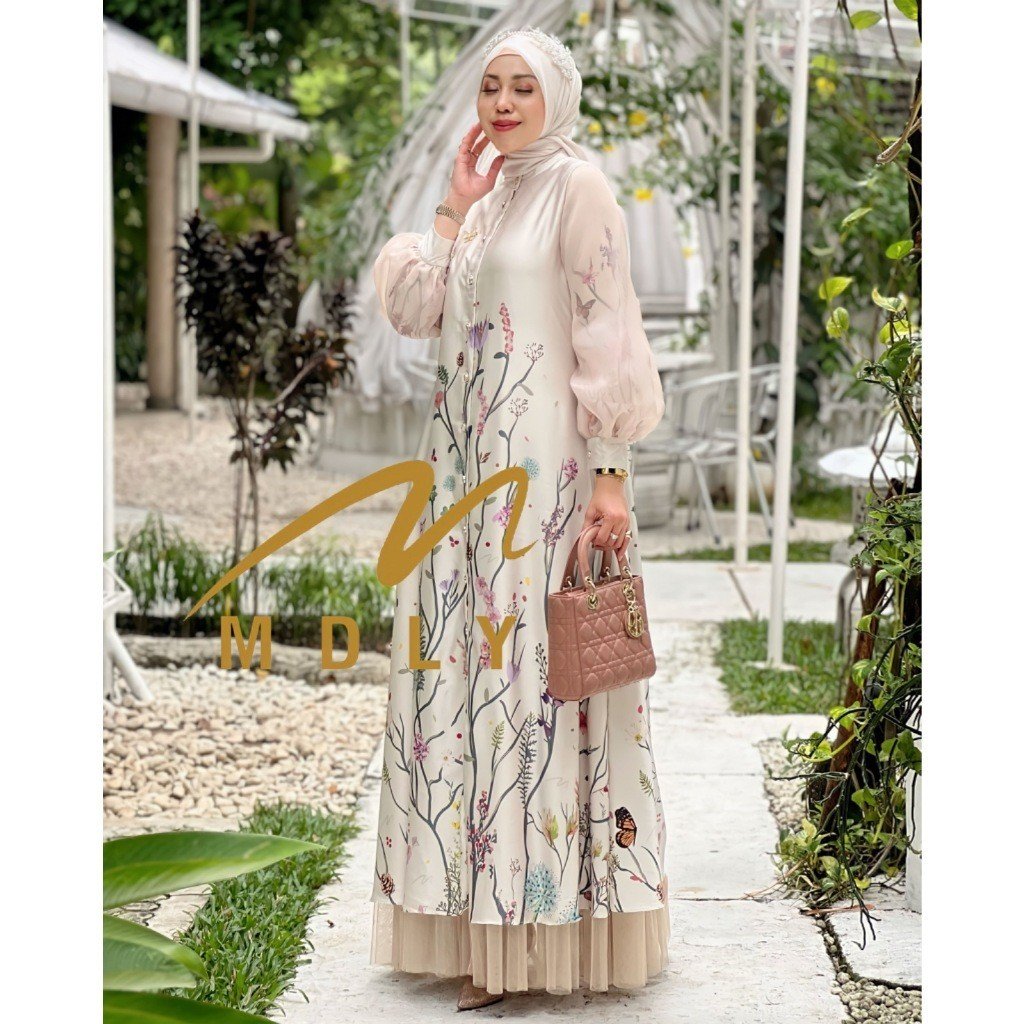 Lady Marvella Dress & Fleur Delux Dress By MDLY - Dress Wanita Mewah Elegan Murah Terbaru Bahan Silky Luxe Premium Motif Gamis Murah Kekinian Gamis Lebaran Terbaru Dress Kondangan mdly Terbaru Ori Beige