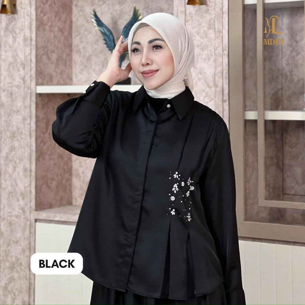 MDLY Terbaru Belle Lux Set & Khawla  Set Setelan Wanita Terbaru One Set Premium Bahan Silk  Premium  Setelan Rok Elegan Setelan Cewek Hijab Frendly black