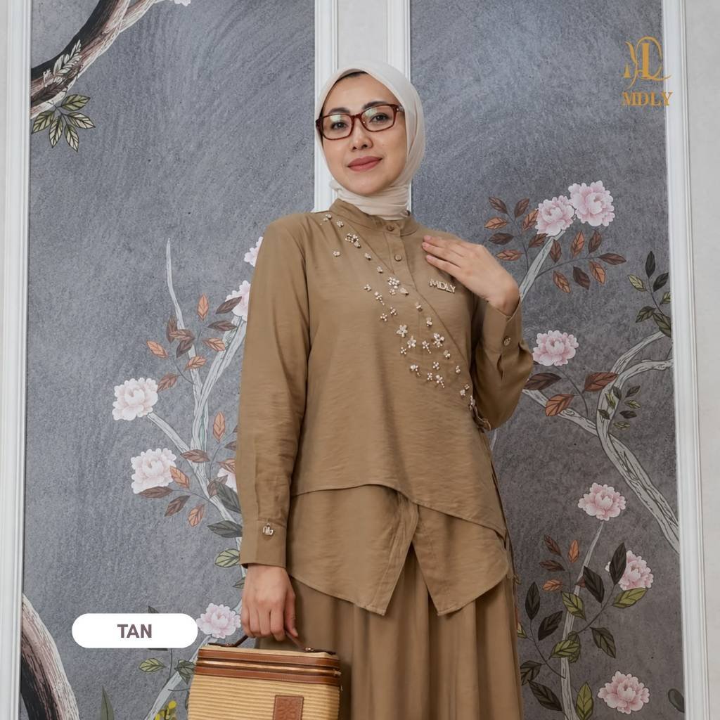 MDLY Terbaru Belle Lux Set & Khawla  Set Setelan Wanita Terbaru One Set Premium Bahan Silk  Premium  Setelan Rok Elegan Setelan Cewek Hijab Frendly Khawla Tan