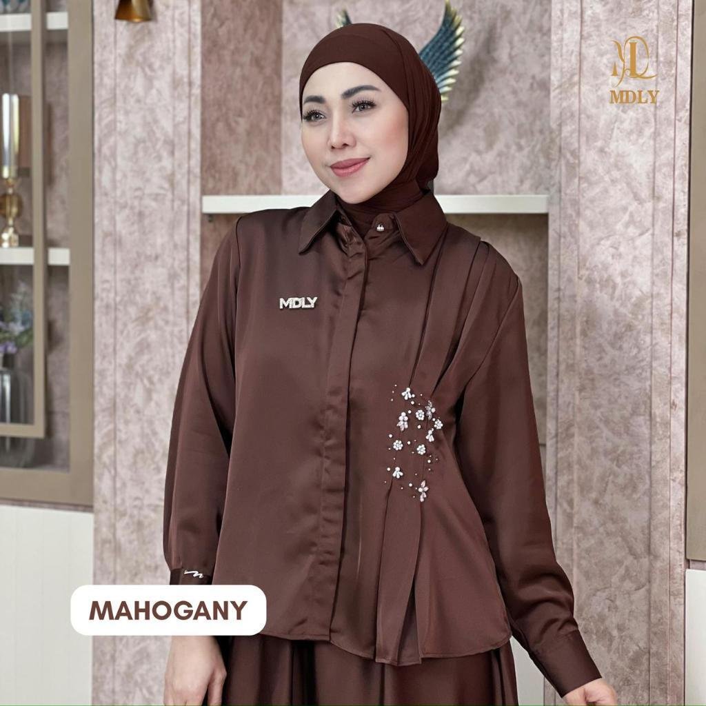 MDLY Terbaru Belle Lux Set & Khawla  Set Setelan Wanita Terbaru One Set Premium Bahan Silk  Premium  Setelan Rok Elegan Setelan Cewek Hijab Frendly mahogany