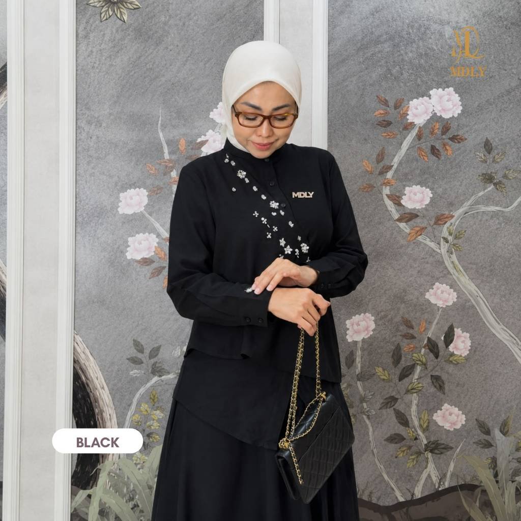 MDLY Terbaru Belle Lux Set & Khawla  Set Setelan Wanita Terbaru One Set Premium Bahan Silk  Premium  Setelan Rok Elegan Setelan Cewek Hijab Frendly Khawla Black