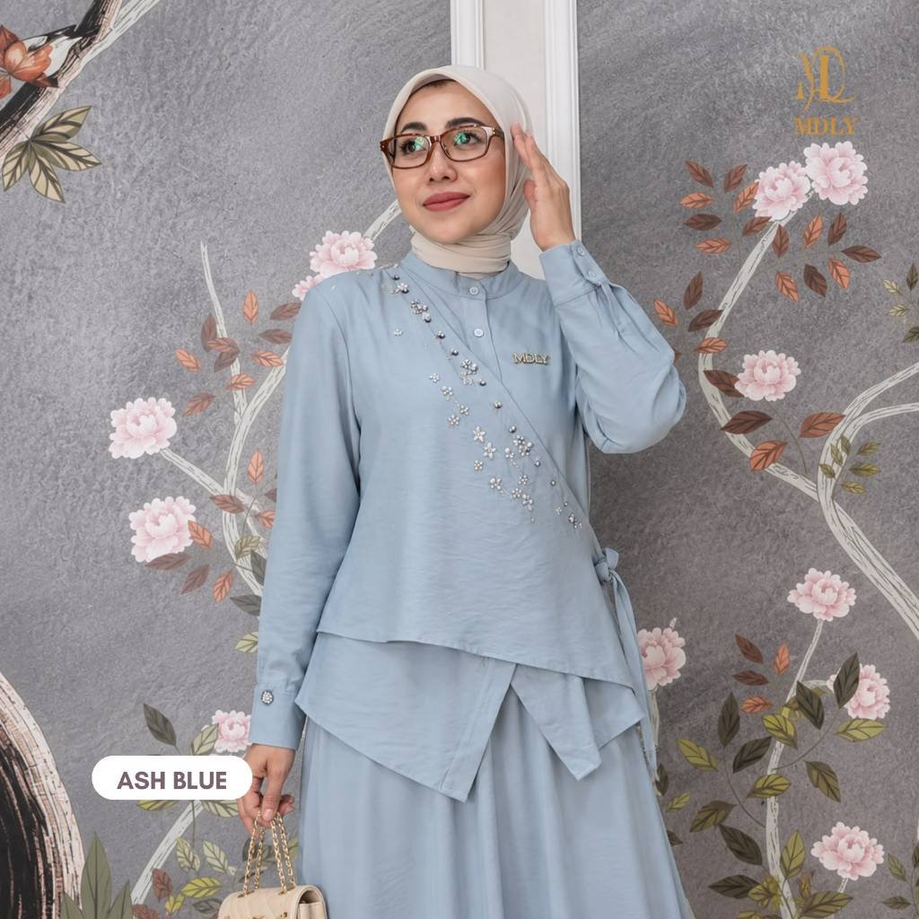 MDLY Terbaru Belle Lux Set & Khawla  Set Setelan Wanita Terbaru One Set Premium Bahan Silk  Premium  Setelan Rok Elegan Setelan Cewek Hijab Frendly Khawla Ash blue