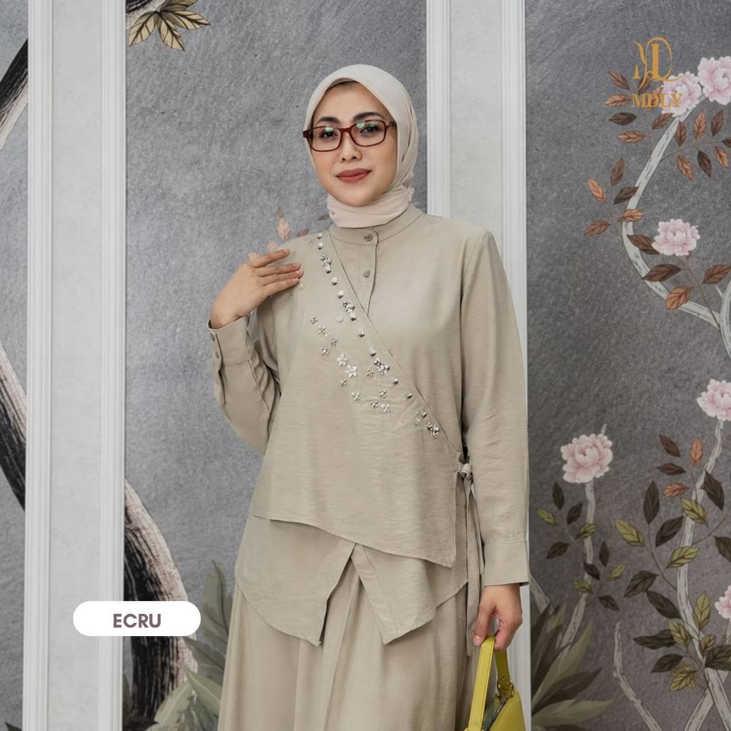 MDLY Terbaru Belle Lux Set & Khawla  Set Setelan Wanita Terbaru One Set Premium Bahan Silk  Premium  Setelan Rok Elegan Setelan Cewek Hijab Frendly Khawla Ecru