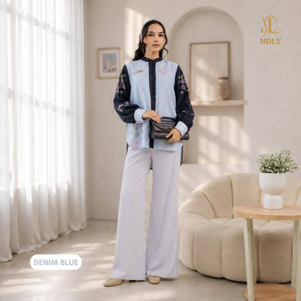 MDLY Original Terbaru Atasan Wanita Arendele Shirt by Mdly Kemeja Kerja motif Premium Shirt Silk Terbaru DENIM BLUE
