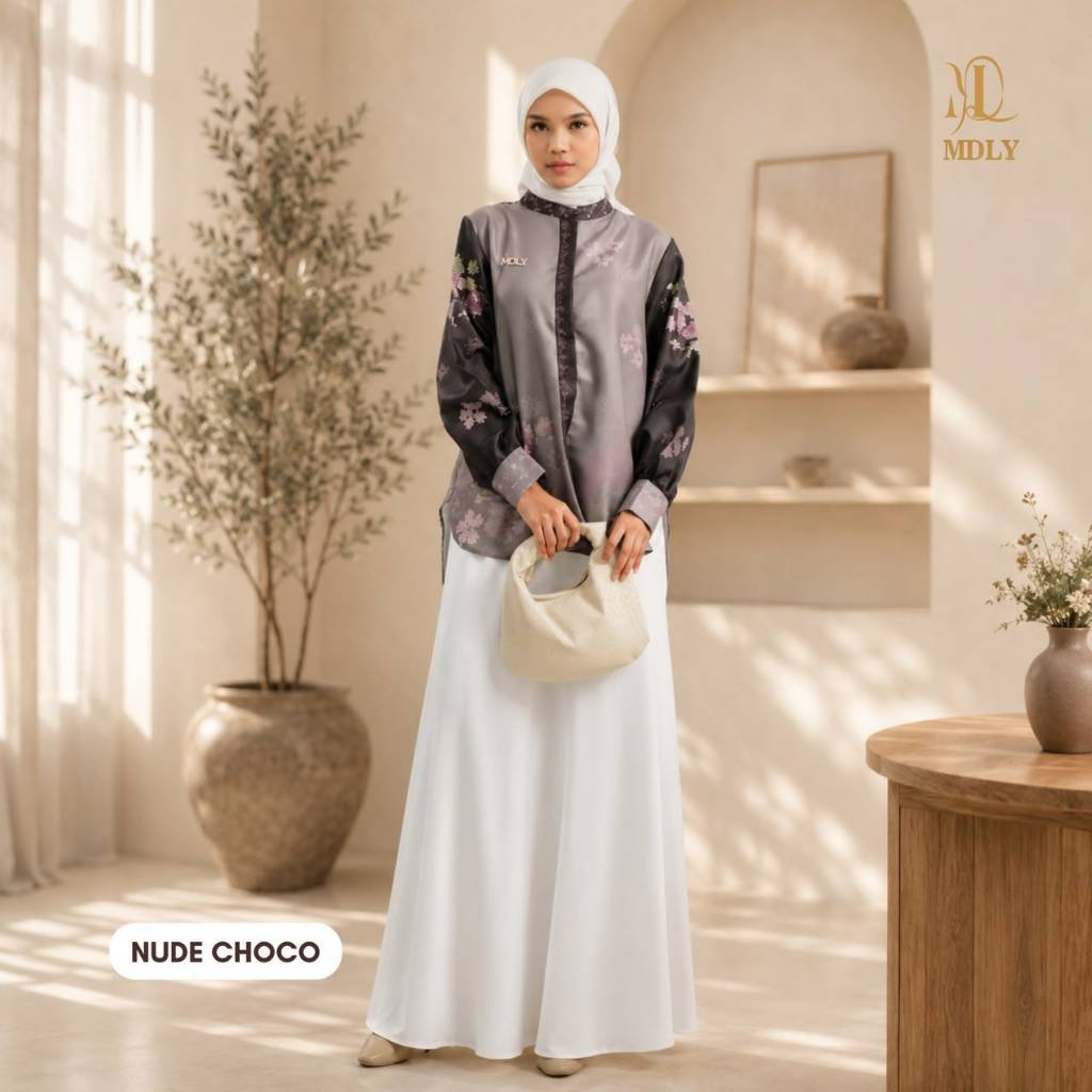 MDLY Original Terbaru Atasan Wanita Arendele Shirt by Mdly Kemeja Kerja motif Premium Shirt Silk Terbaru NUDE CHOCO
