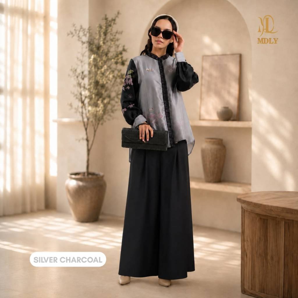 MDLY Original Terbaru Atasan Wanita Arendele Shirt by Mdly Kemeja Kerja motif Premium Shirt Silk Terbaru SILVER CARCOAL