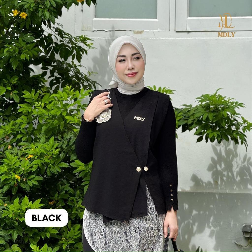 Fleur Vest & Adera Vest By MDLY - Kemeja Kerja Vest Murah Terbaru Bahan Semiwoll with Floral 3D Polos Vest Casual Terbaru Ori Black