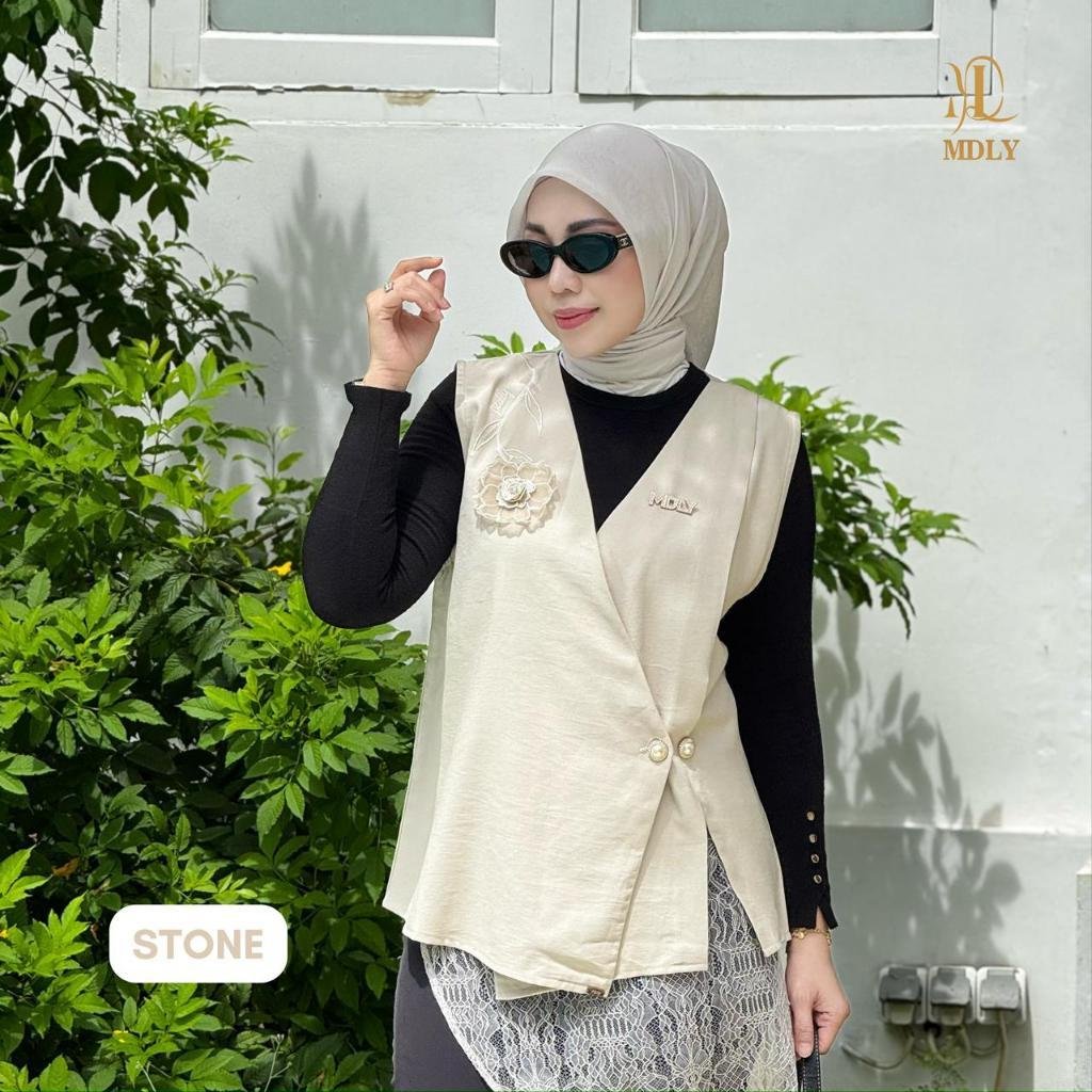 Fleur Vest & Adera Vest By MDLY - Kemeja Kerja Vest Murah Terbaru Bahan Semiwoll with Floral 3D Polos Vest Casual Terbaru Ori Stone