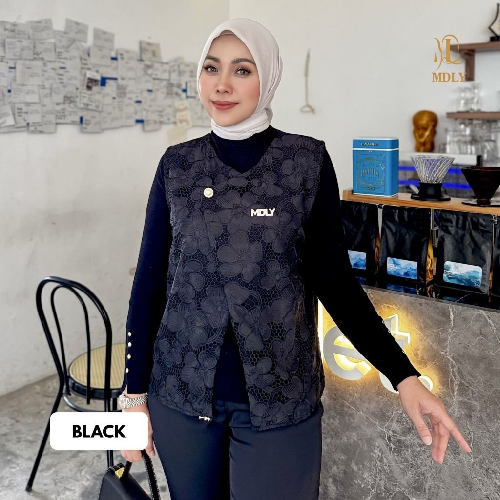 Fleur Vest & Adera Vest By MDLY - Kemeja Kerja Vest Murah Terbaru Bahan Semiwoll with Floral 3D Polos Vest Casual Terbaru Ori Fleur Black