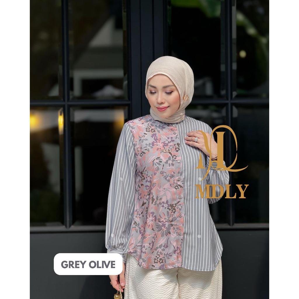 Heela Shirt By MDLY - Atasan Wanita Kemeja Kerja Murah Terbaru Bahan Genushka Soft Print Premium Polos Shirt Casual Lengan Panjang mdly Terbaru Ori Grey Olive (D)