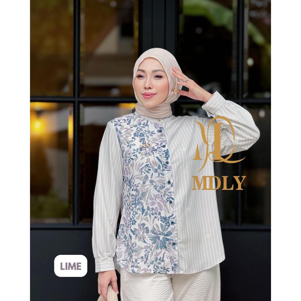 Heela Shirt By MDLY - Atasan Wanita Kemeja Kerja Murah Terbaru Bahan Genushka Soft Print Premium Polos Shirt Casual Lengan Panjang mdly Terbaru Ori Lime (B)