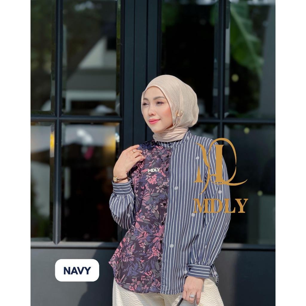 Heela Shirt By MDLY - Atasan Wanita Kemeja Kerja Murah Terbaru Bahan Genushka Soft Print Premium Polos Shirt Casual Lengan Panjang mdly Terbaru Ori Navy (E)
