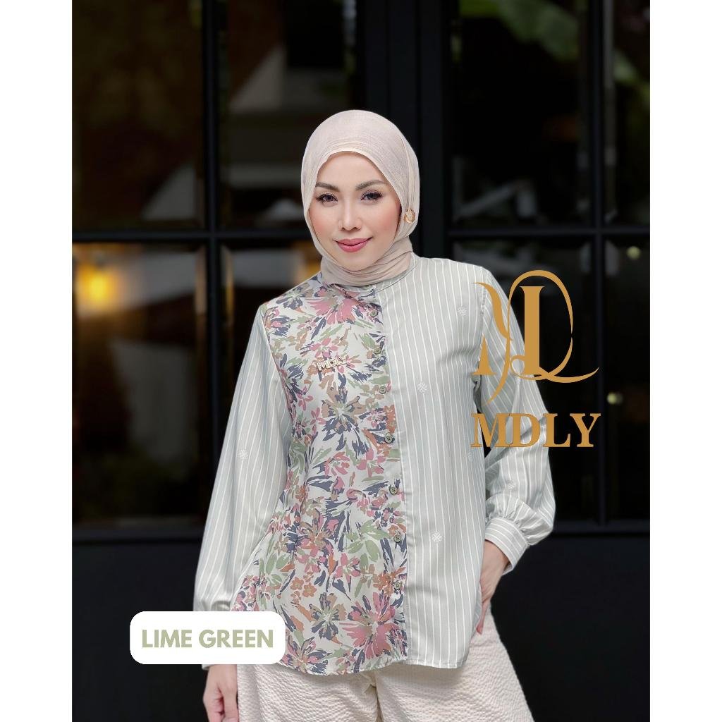 Heela Shirt By MDLY - Atasan Wanita Kemeja Kerja Murah Terbaru Bahan Genushka Soft Print Premium Polos Shirt Casual Lengan Panjang mdly Terbaru Ori Lime Green (C)