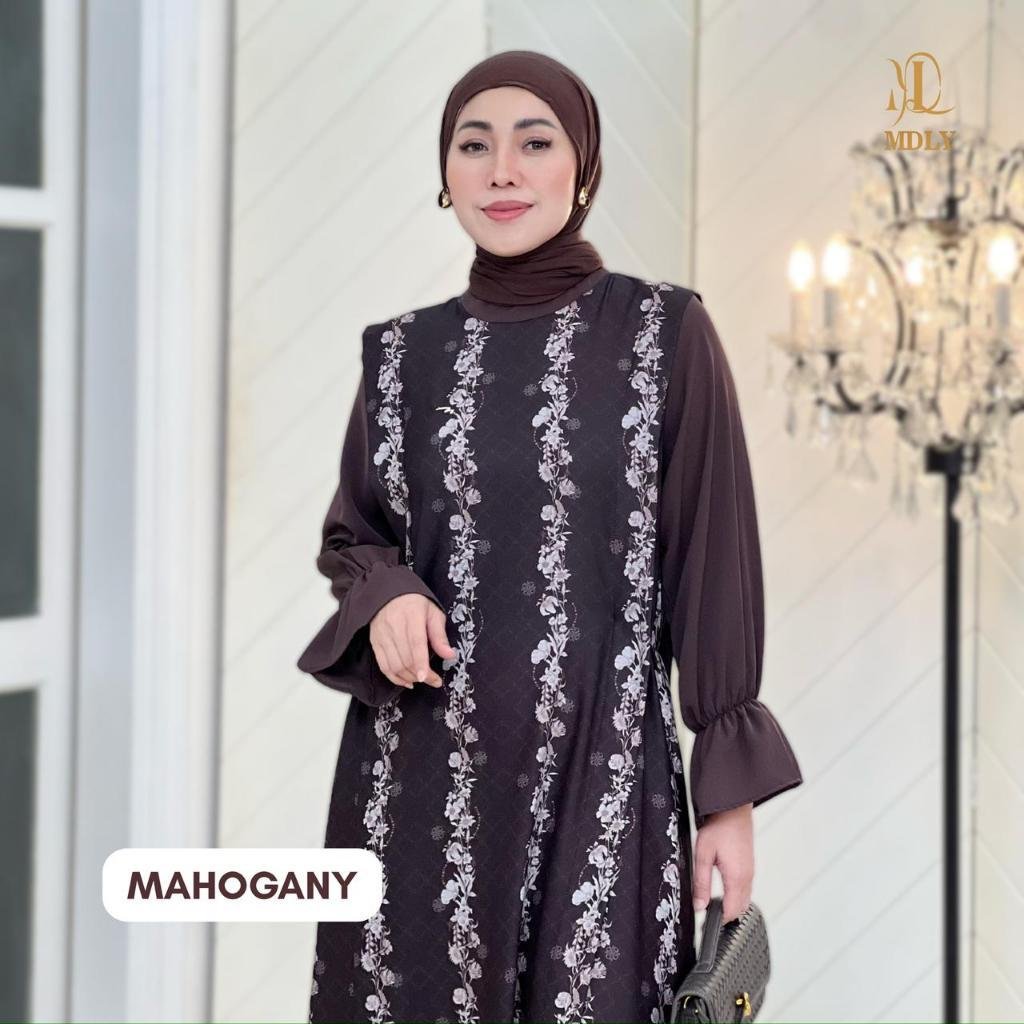 Whisper Dress By MDLY - Dress Wanita Mewah Elegan Murah Terbaru Bahan Belleza Blossom Monogram Print Premium Motif Gamis Murah Kekinian Gamis Lebaran Terbaru Dress Kondangan mdly Terbaru Ori Mahogany
