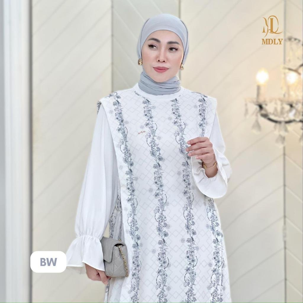 Whisper Dress By MDLY - Dress Wanita Mewah Elegan Murah Terbaru Bahan Belleza Blossom Monogram Print Premium Motif Gamis Murah Kekinian Gamis Lebaran Terbaru Dress Kondangan mdly Terbaru Ori Bw