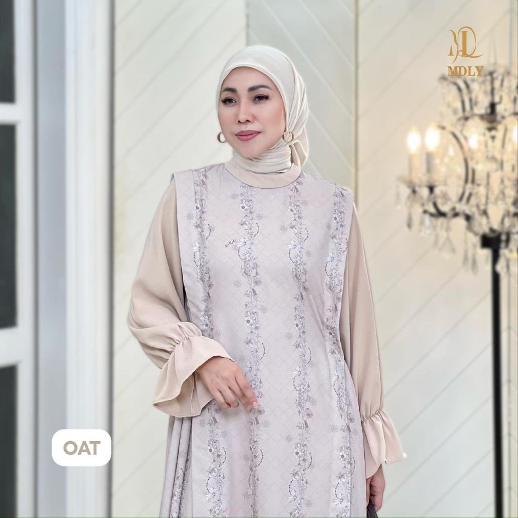 Whisper Dress By MDLY - Dress Wanita Mewah Elegan Murah Terbaru Bahan Belleza Blossom Monogram Print Premium Motif Gamis Murah Kekinian Gamis Lebaran Terbaru Dress Kondangan mdly Terbaru Ori Oat