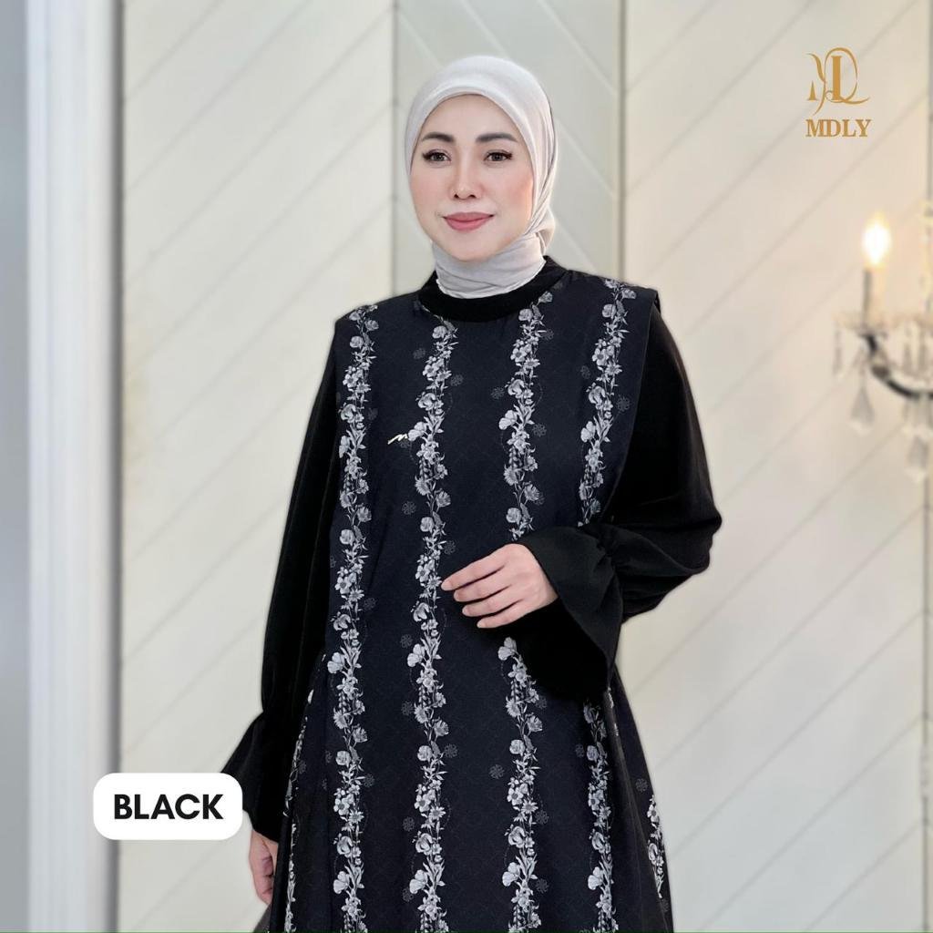 Whisper Dress By MDLY - Dress Wanita Mewah Elegan Murah Terbaru Bahan Belleza Blossom Monogram Print Premium Motif Gamis Murah Kekinian Gamis Lebaran Terbaru Dress Kondangan mdly Terbaru Ori Black