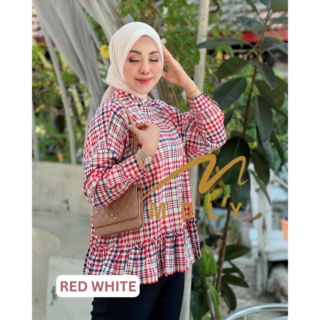 MDLY Original Terbaru Atasan Wanita Khawla Shirt & Elora shirt by Mdly Kotak red white