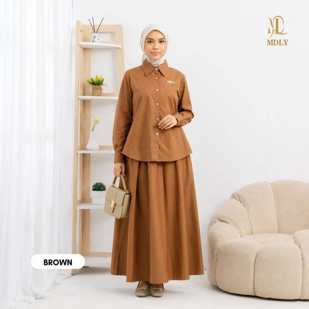 Pamela Skirt Set & Meisya Set By MDLY - One Set Wanita Setelan Wanita Murah Terbaru Bahan Katun Premium Polos Setcel Wanita Setelan Rok Wanita Elegan Hijab Friendly mdly Terbaru Ori Meisya Brown
