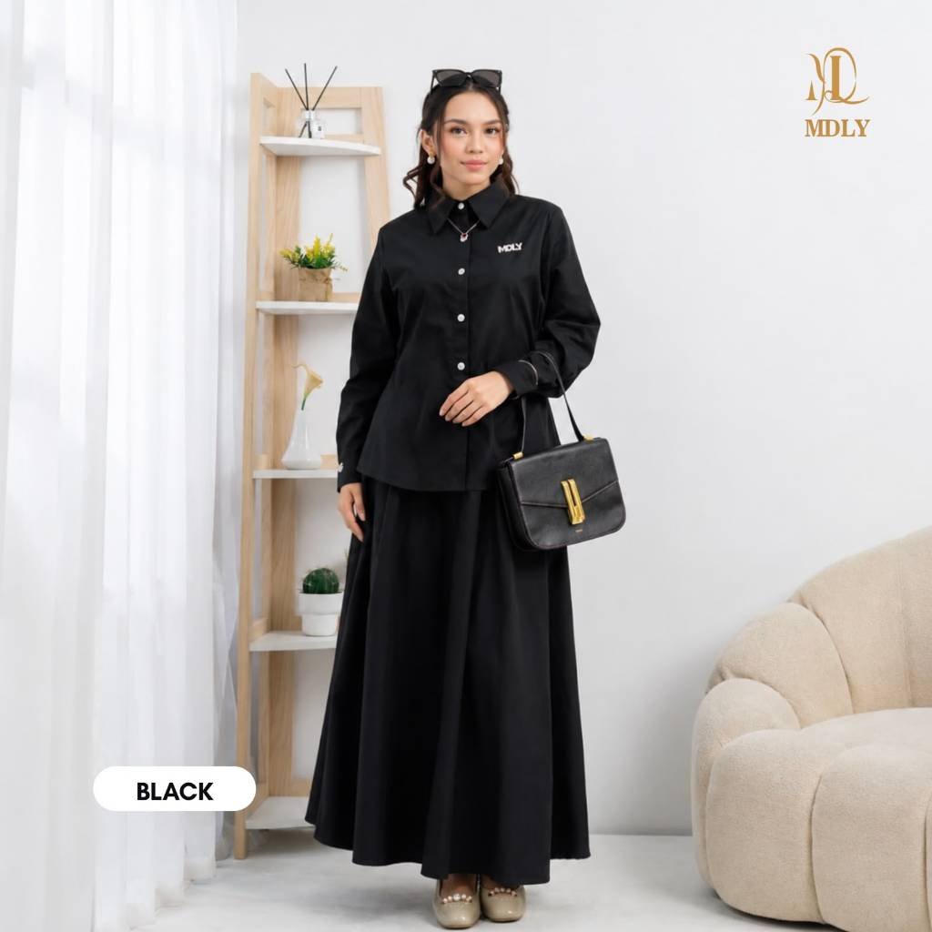 Pamela Skirt Set & Meisya Set By MDLY - One Set Wanita Setelan Wanita Murah Terbaru Bahan Katun Premium Polos Setcel Wanita Setelan Rok Wanita Elegan Hijab Friendly mdly Terbaru Ori Meisya Black