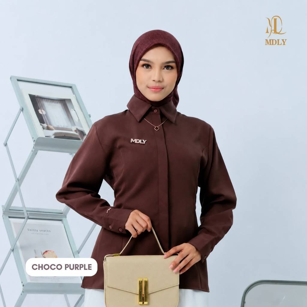 MDLY Terbaru  Kimmy Shirt , Lyra Shirt , Willona Shirt Atasan Wanita Kemeja Kerja Wanita Bahan Premium Lengan Panjang Kimmy Choco purle